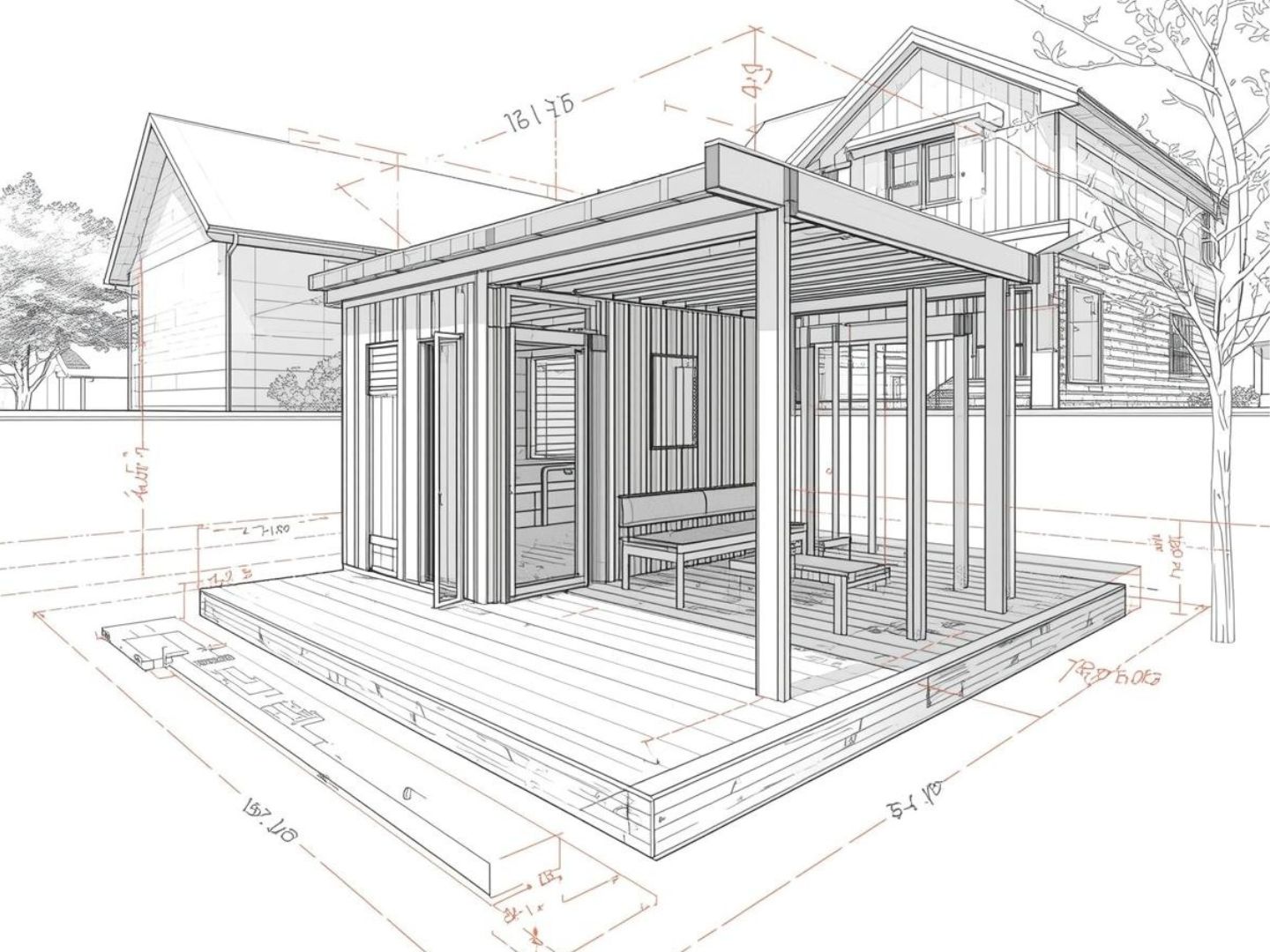 Architectural sketch of a detached ADU with dimensions