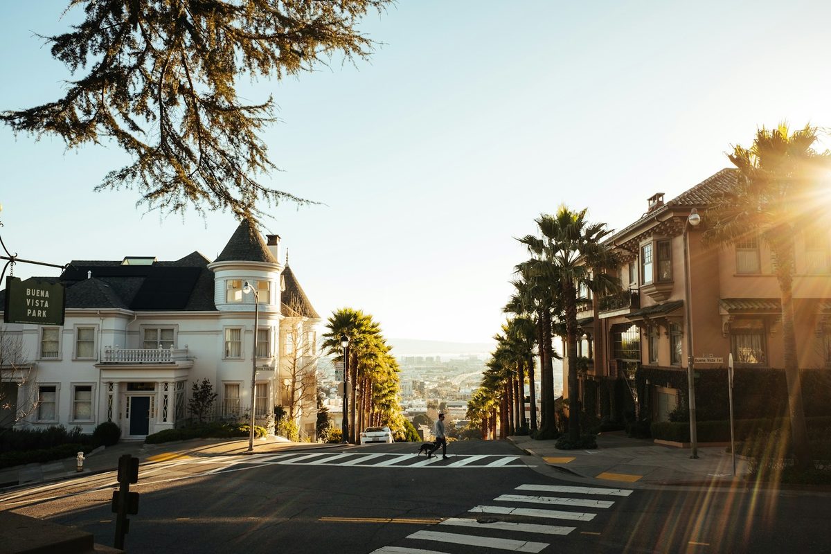Residential street with homes and palm trees on the Peninsula near Redwood City