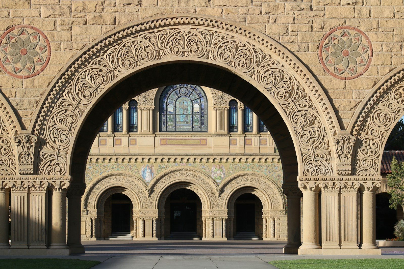 Stanford Memorial Church arches in golden light, iconic Palo Alto landmark